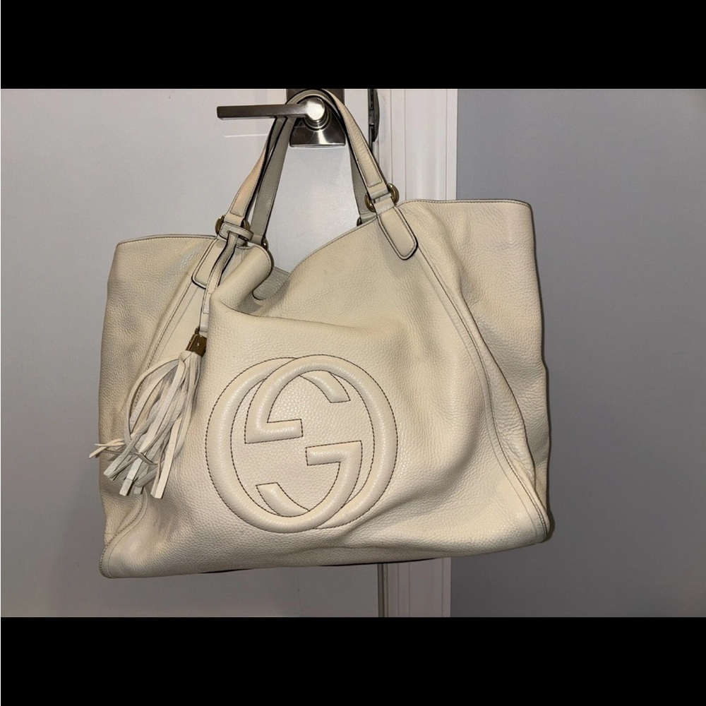 Authentic Pre Owned White Leather Gucci Tote Bag